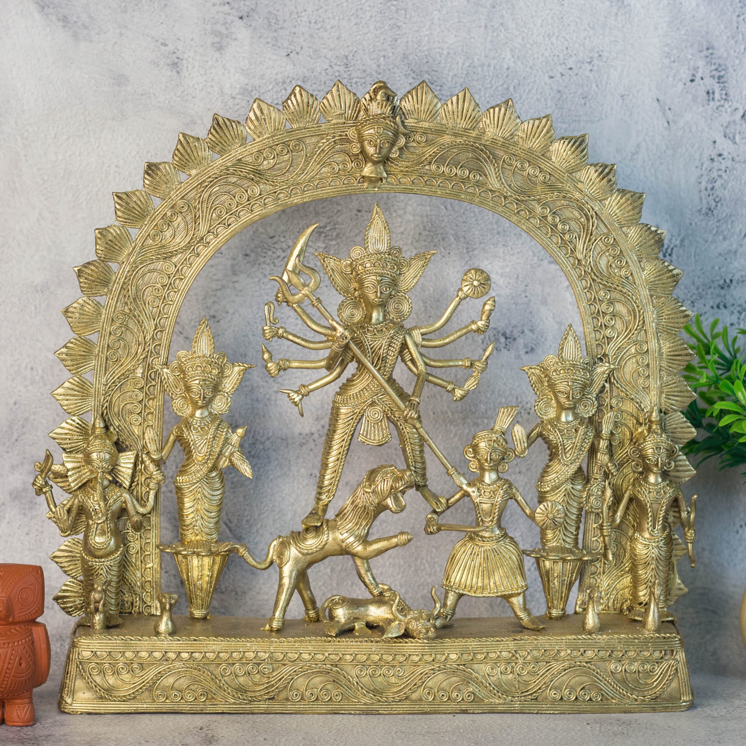 Dhokra Craft Ekchala Durga Family Idol, 12 inch, Decorative Showpiece