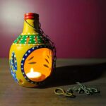 Terracotta Bottle Shaped Tealight Holder Lamp Yellow- Handmade & Handpainted Decorative Showpiece (Garden, Livingroom, Lighting, Gift, Decor, Home Decor)