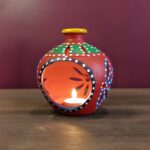 Terracotta Matki Shaped Tealight Holder Lamp Red- Handmade & Handpainted Decorative Showpiece (Garden, Livingroom, Lighting, Gift, Decor, Home Decor)