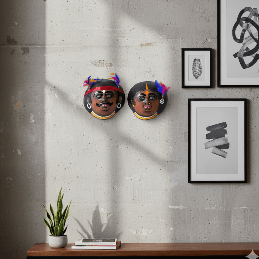 Paper Pulp Tribal Mask Pair, 6 inch, Purulia, Decorative Wall Hanging