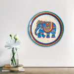 Madhubani Elephant Wooden Decorative Hand Painted Wall Plate Round 11 inch (Mahogany Wood, Wall Hanging, Livingroom, Gift, Decor, Home Decor)