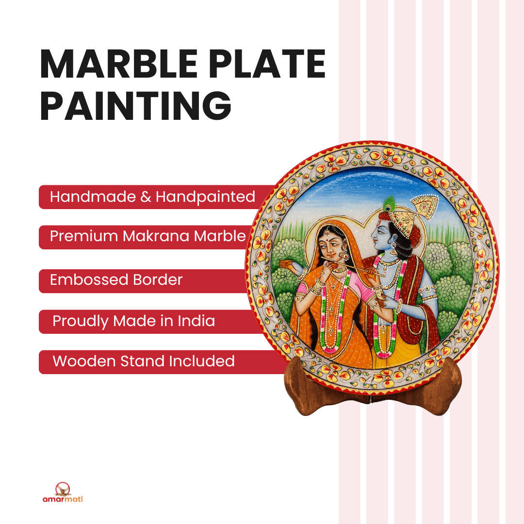 Radha Krishna-Marble Plate Painting with Wooden Stand, Hand-painted