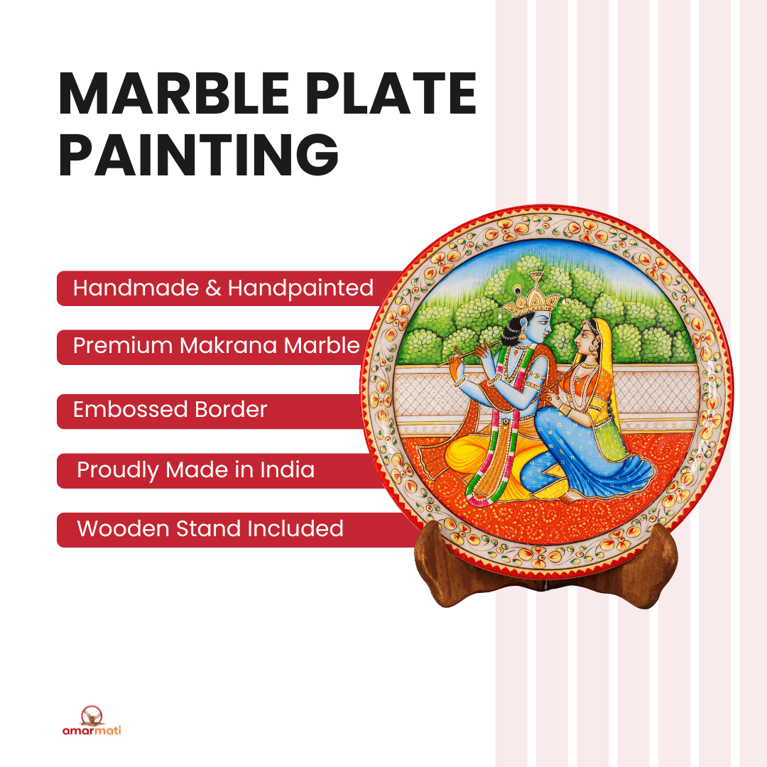 Radhe Shyam-Marble Plate Painting with Wooden Stand, Hand-painted