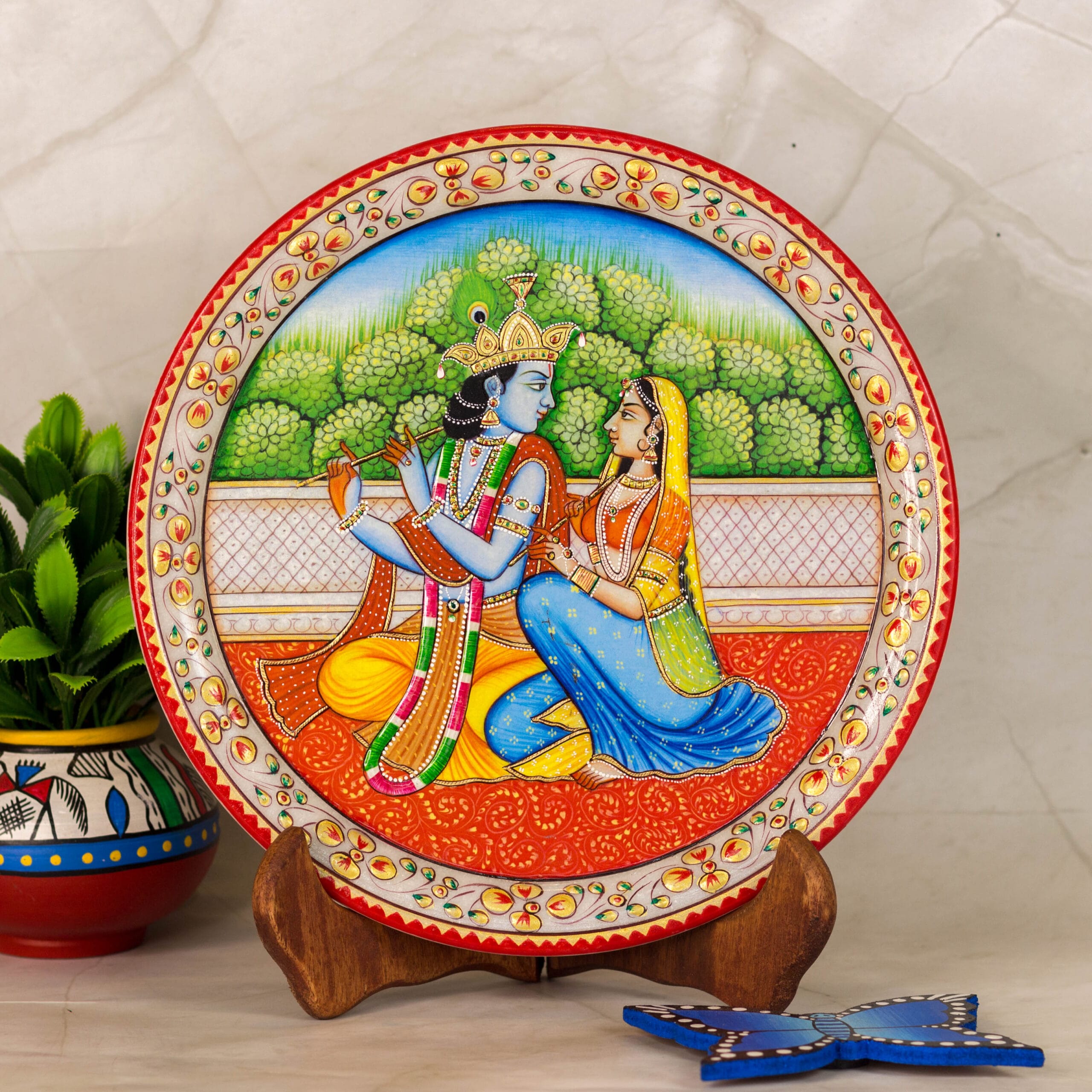 Radhe Shyam-Marble Plate Painting with Wooden Stand, Hand-painted