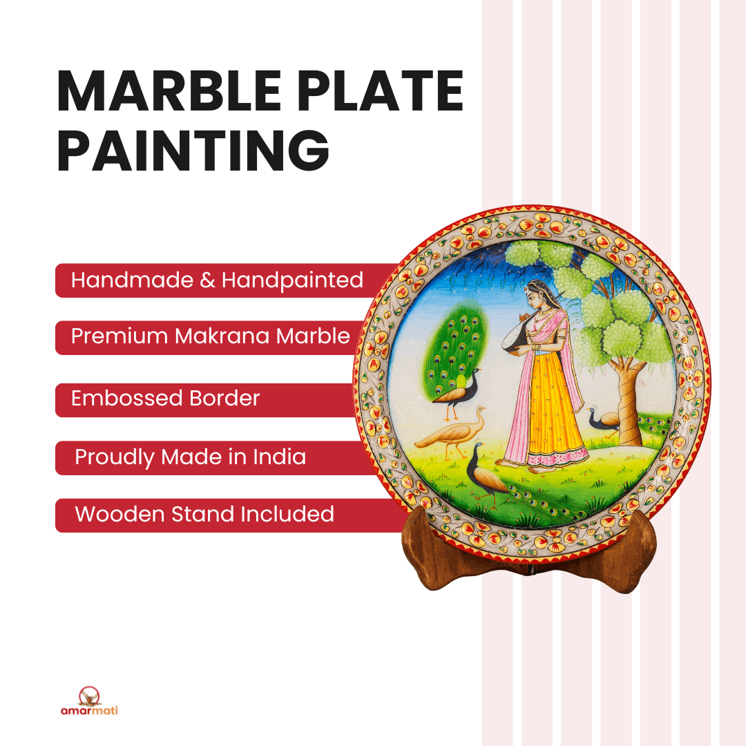 Ragini-Marble Plate Painting with Wooden Stand, Hand-painted
