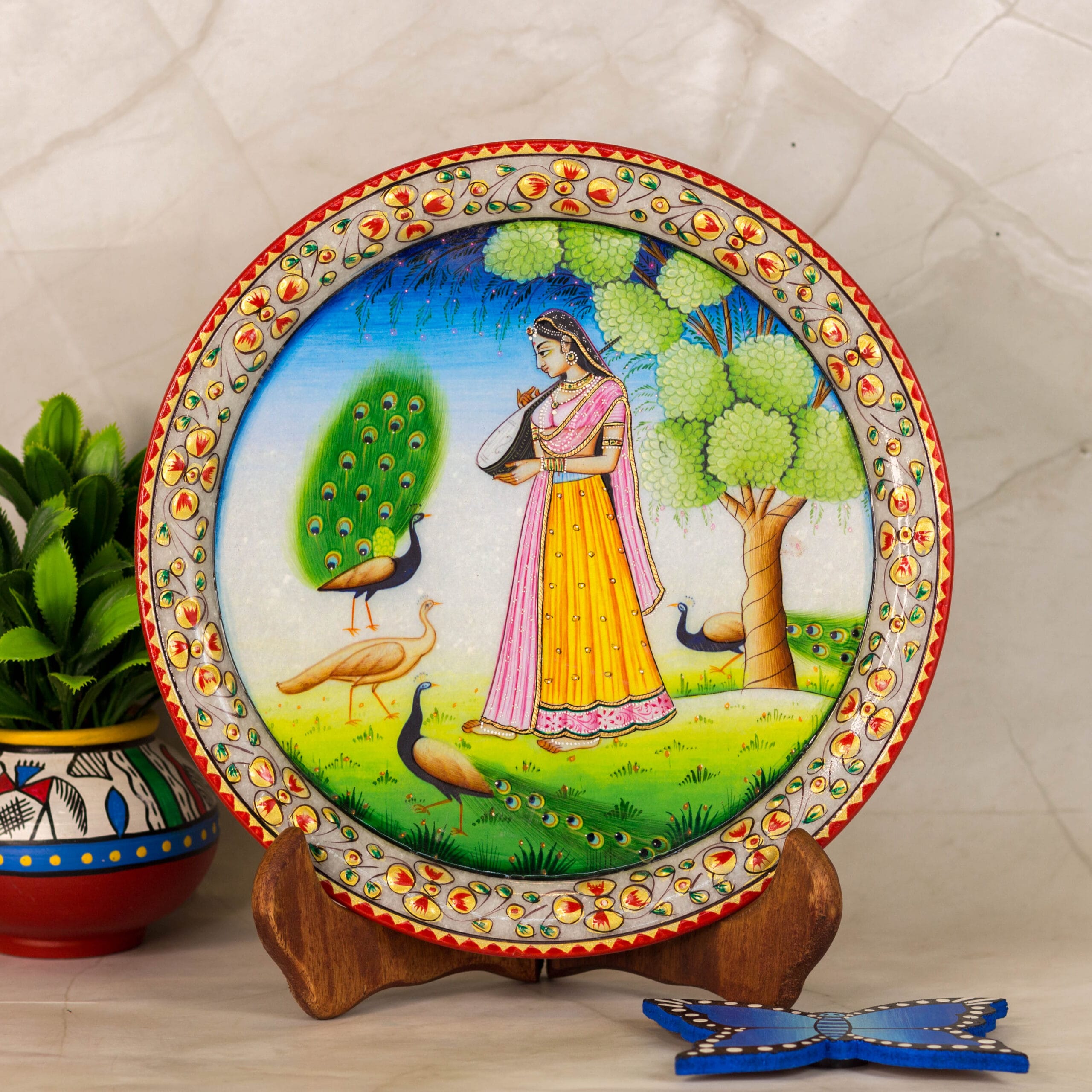 Ragini-Marble Plate Painting with Wooden Stand, Hand-painted