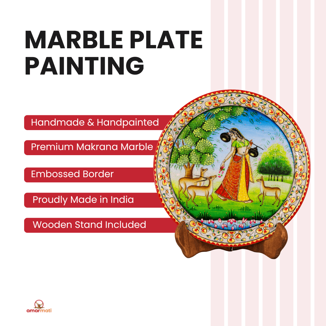 Shakuntalam-Marble Plate Painting with Wooden Stand, Hand-painted