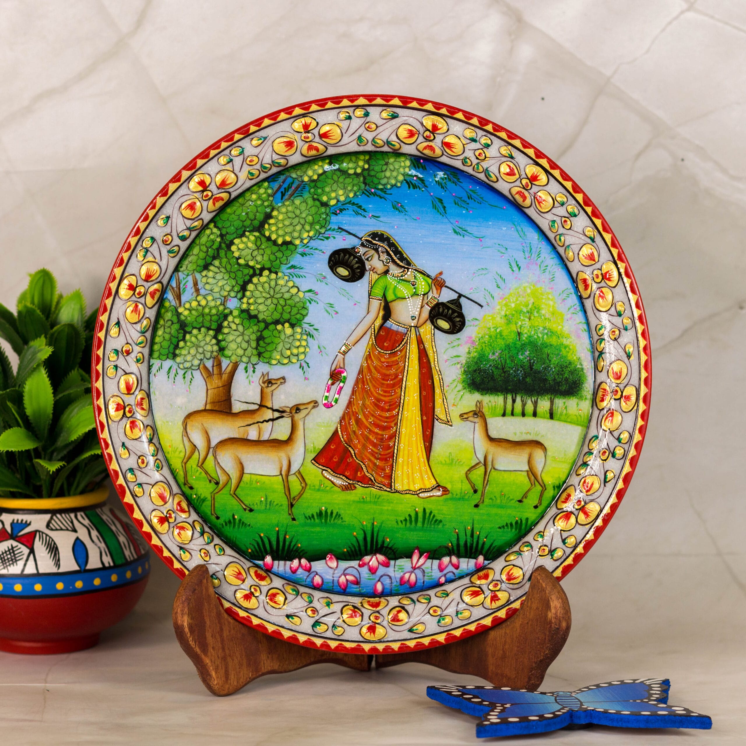 Shakuntalam-Marble Plate Painting with Wooden Stand, Hand-painted