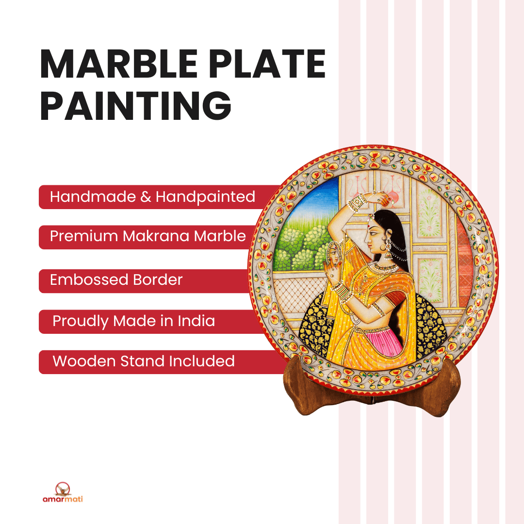 Shringar-Marble Plate Painting with Wooden Stand, Hand-painted