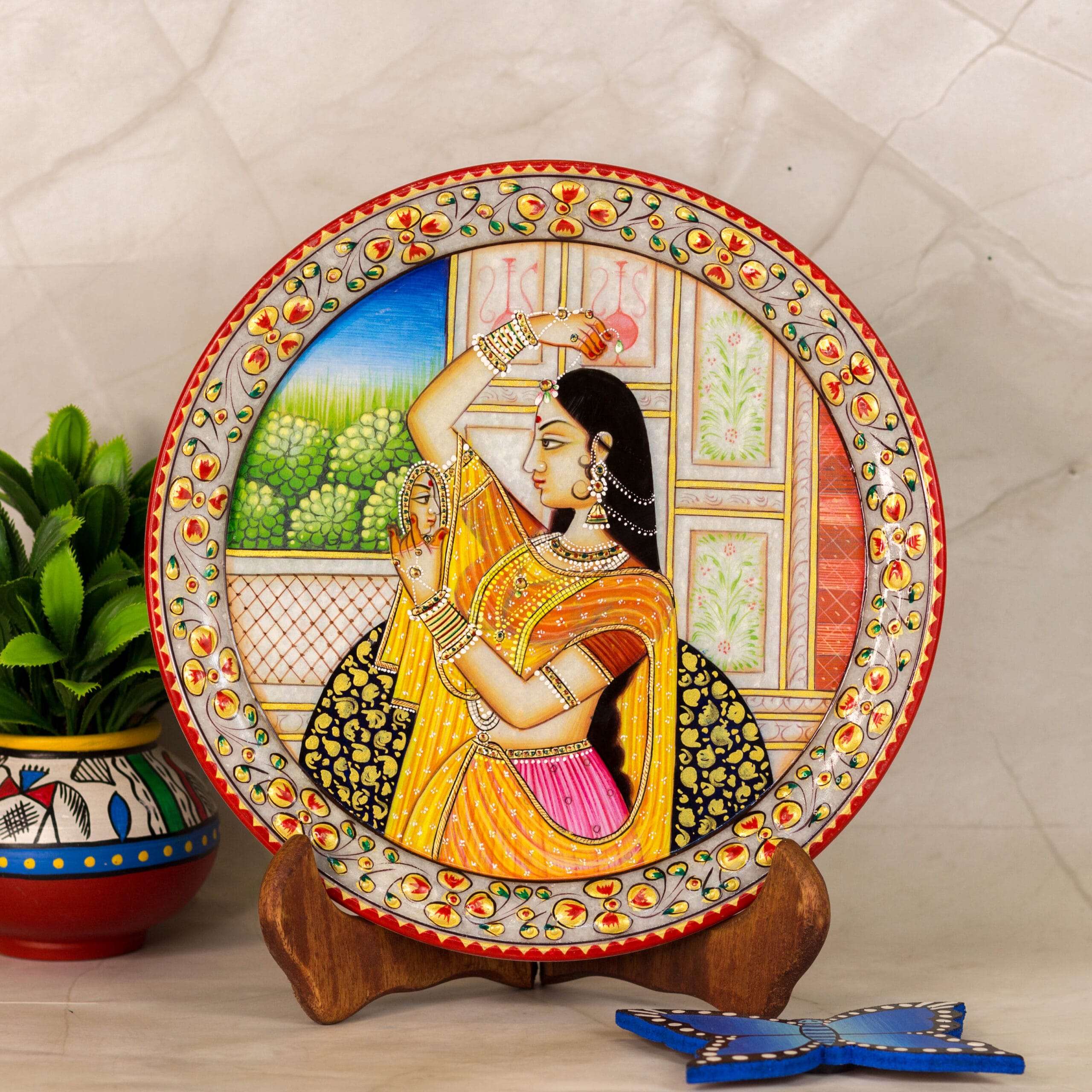 Shringar-Marble Plate Painting with Wooden Stand, Hand-painted