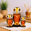 Hand carved wooden owl set - family of 3 hand-painted figurines
