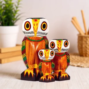 Hand carved wooden owl set - family of 3 hand-painted figurines