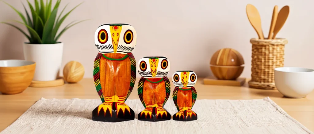 Hand carved wooden owl set - family of 3 hand-painted figurines