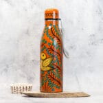 Hand Painted Patachitra Steel Water bottle, Bird Motif, Orange, 1L
