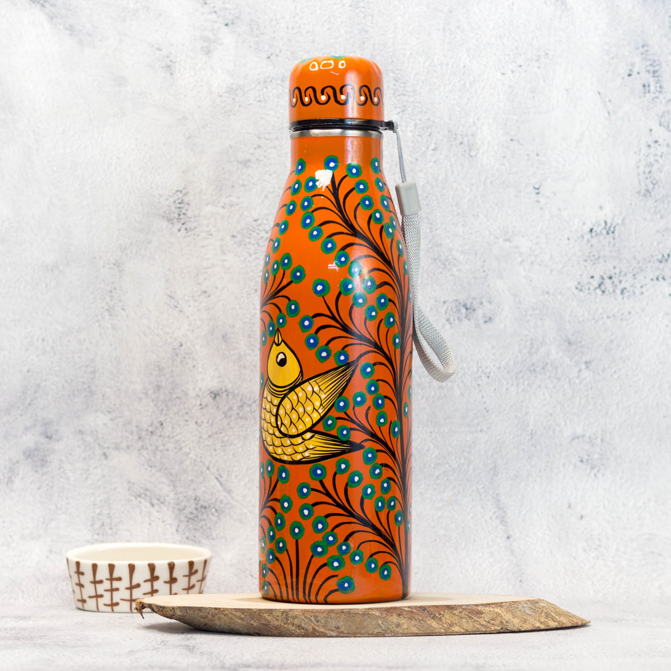 Hand Painted Patachitra Steel Water bottle, Bird Motif, Orange, 1L