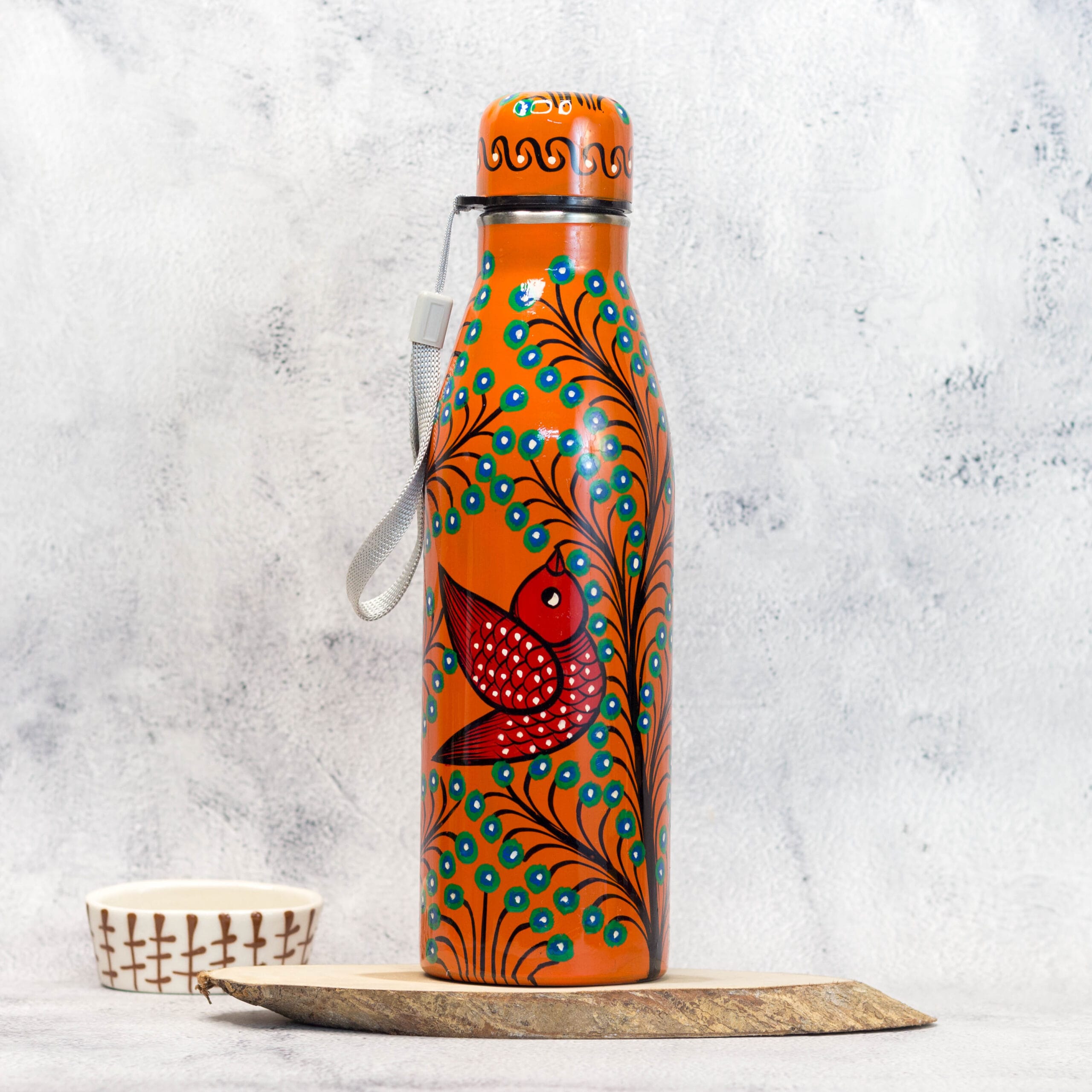 Hand Painted Patachitra Steel Water bottle, Bird Motif, Orange, 1L