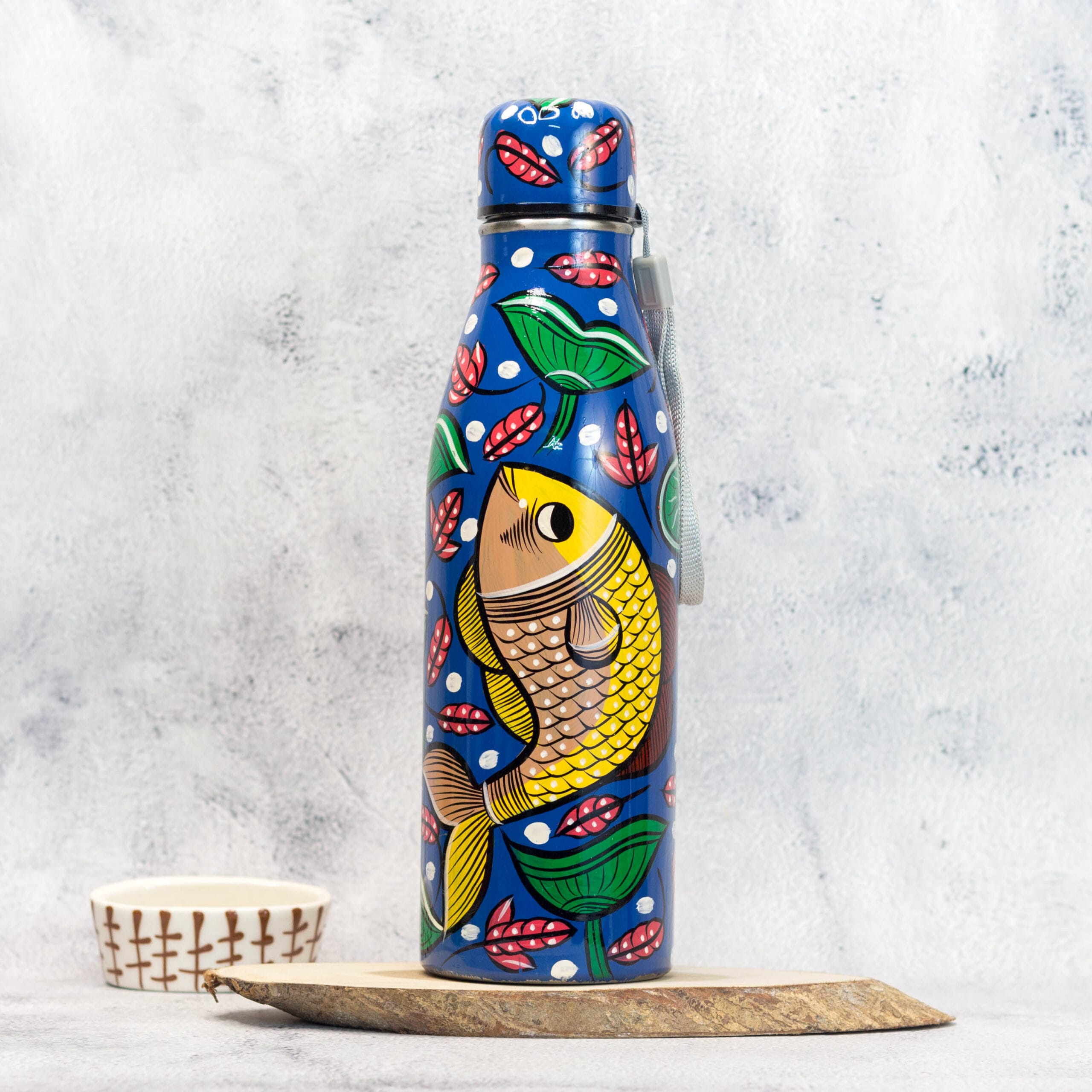 Hand Painted Patachitra Steel Water bottle, Fish Motif, Blue, 1L