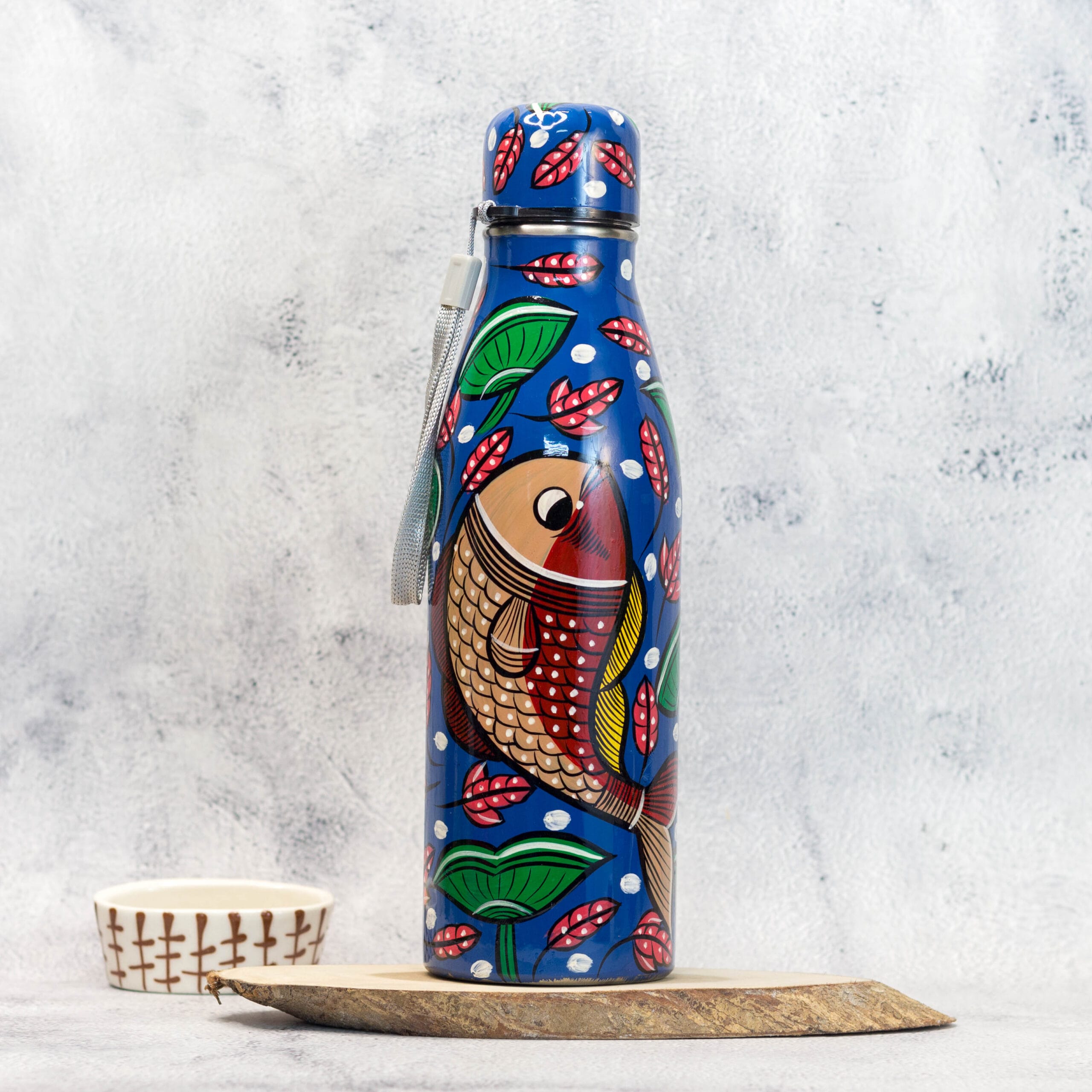 Hand Painted Patachitra Steel Water bottle, Fish Motif, Blue, 1L