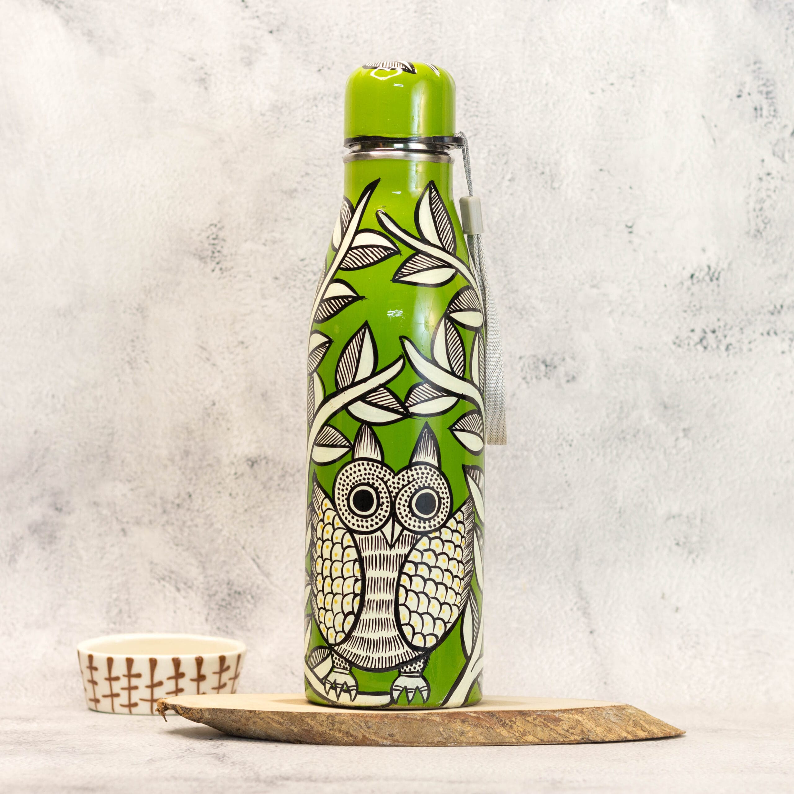 Hand Painted Patachitra Steel Water bottle, Owl Motif, Green, 1L
