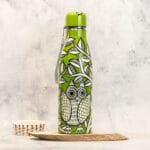 Hand Painted Patachitra Steel Water bottle, Owl Motif, Green, 1L