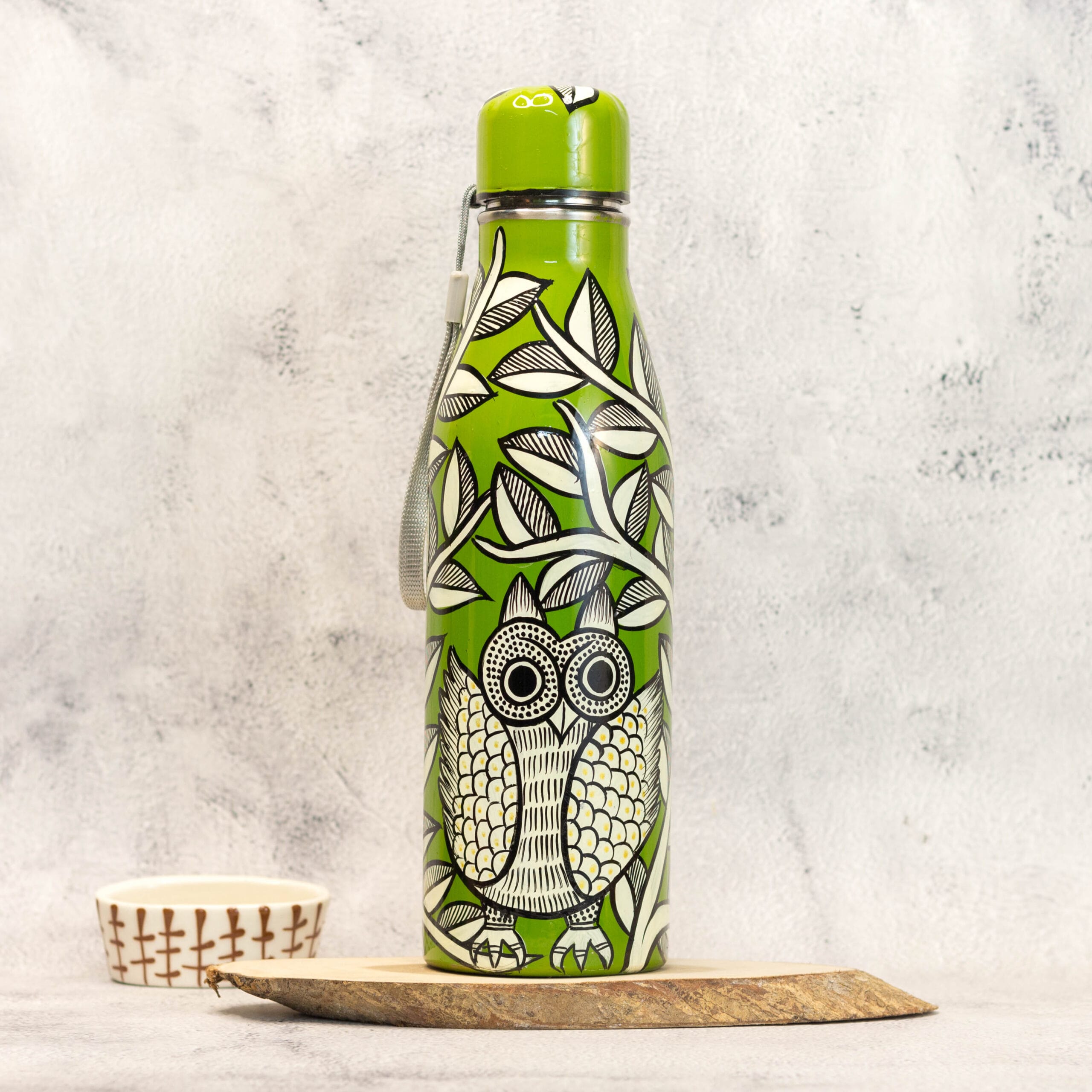 Hand Painted Patachitra Steel Water bottle, Owl Motif, Green, 1L