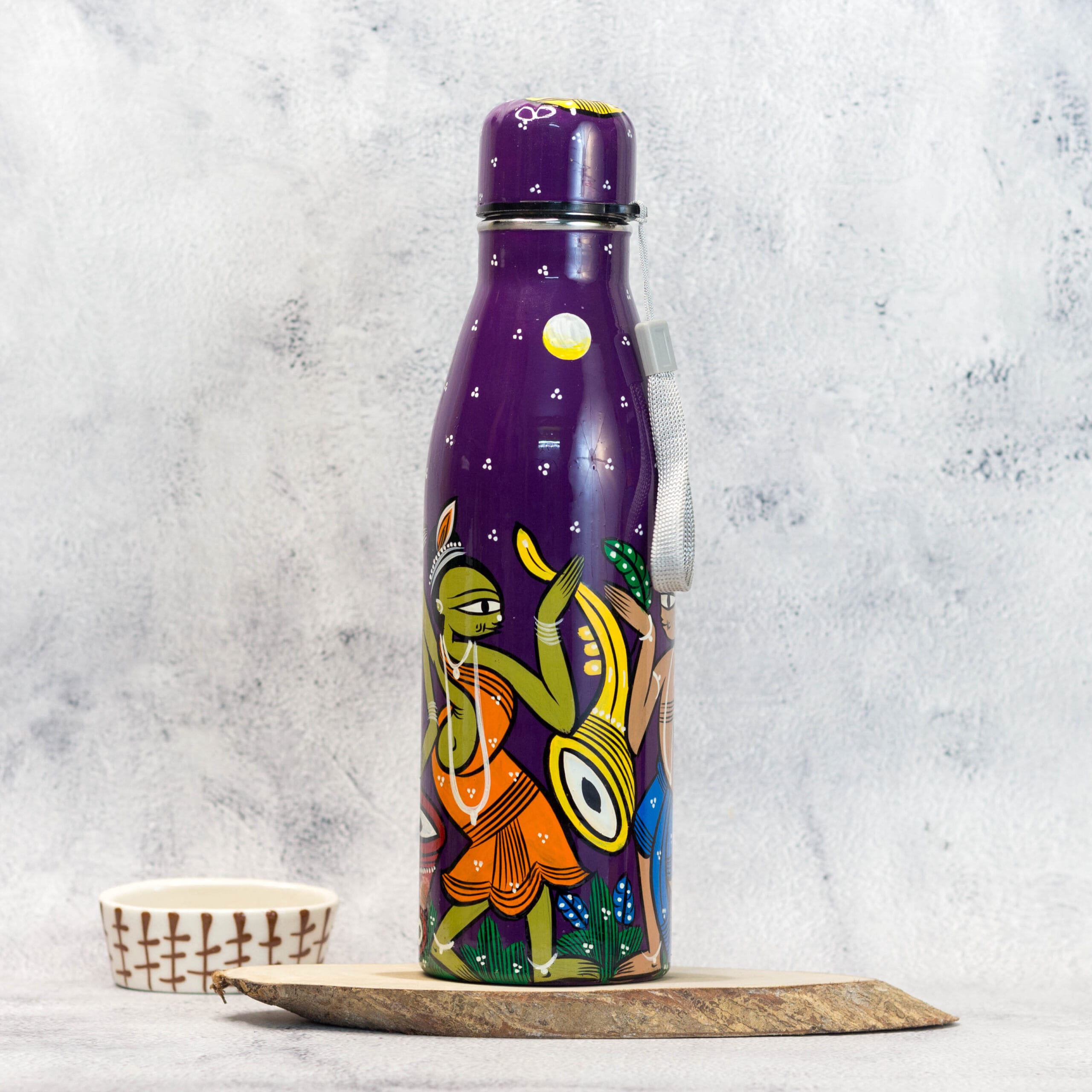 Hand Painted Patachitra Steel Water bottle, Tribal Motif, Purple, 1L