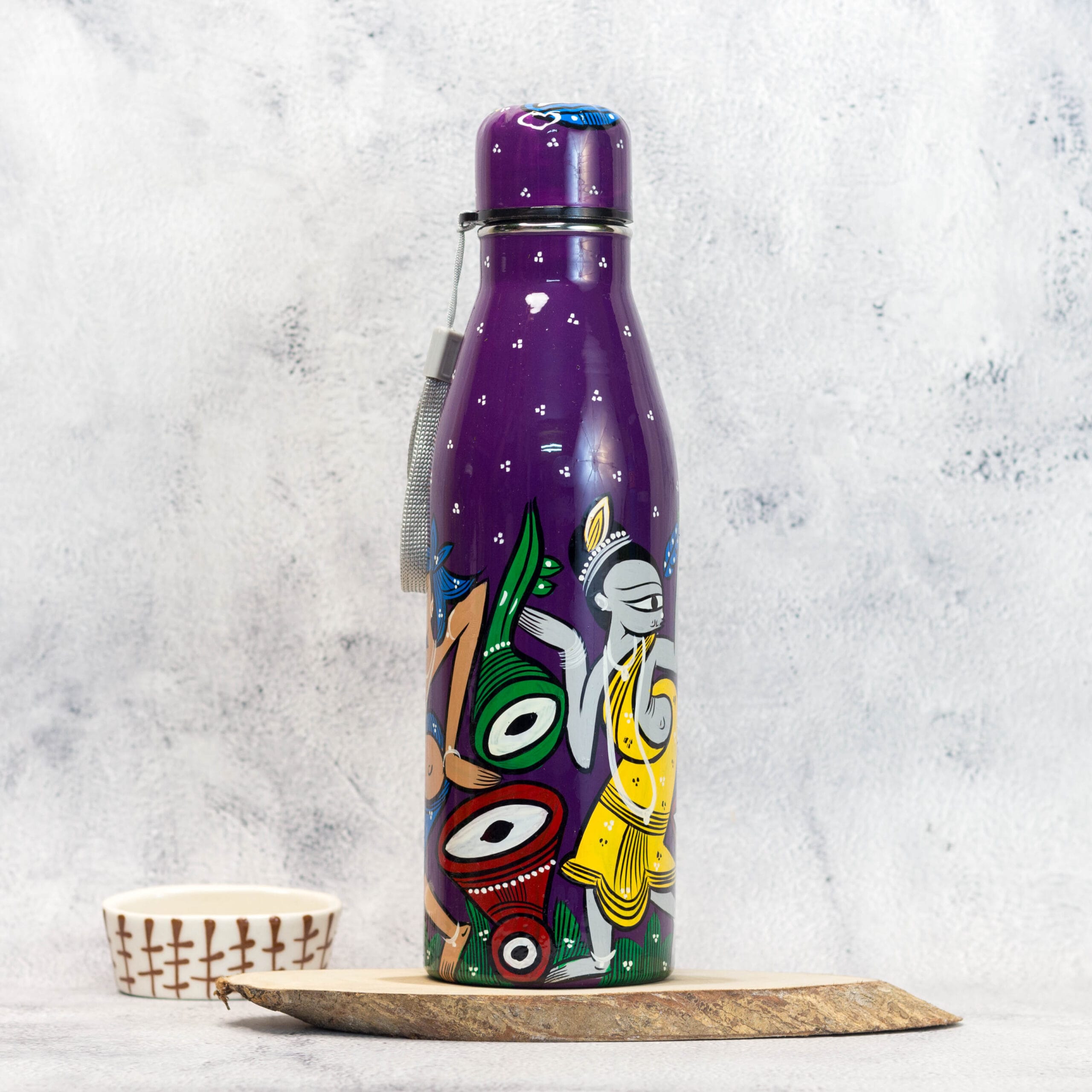 Hand Painted Patachitra Steel Water bottle, Tribal Motif, Purple, 1L