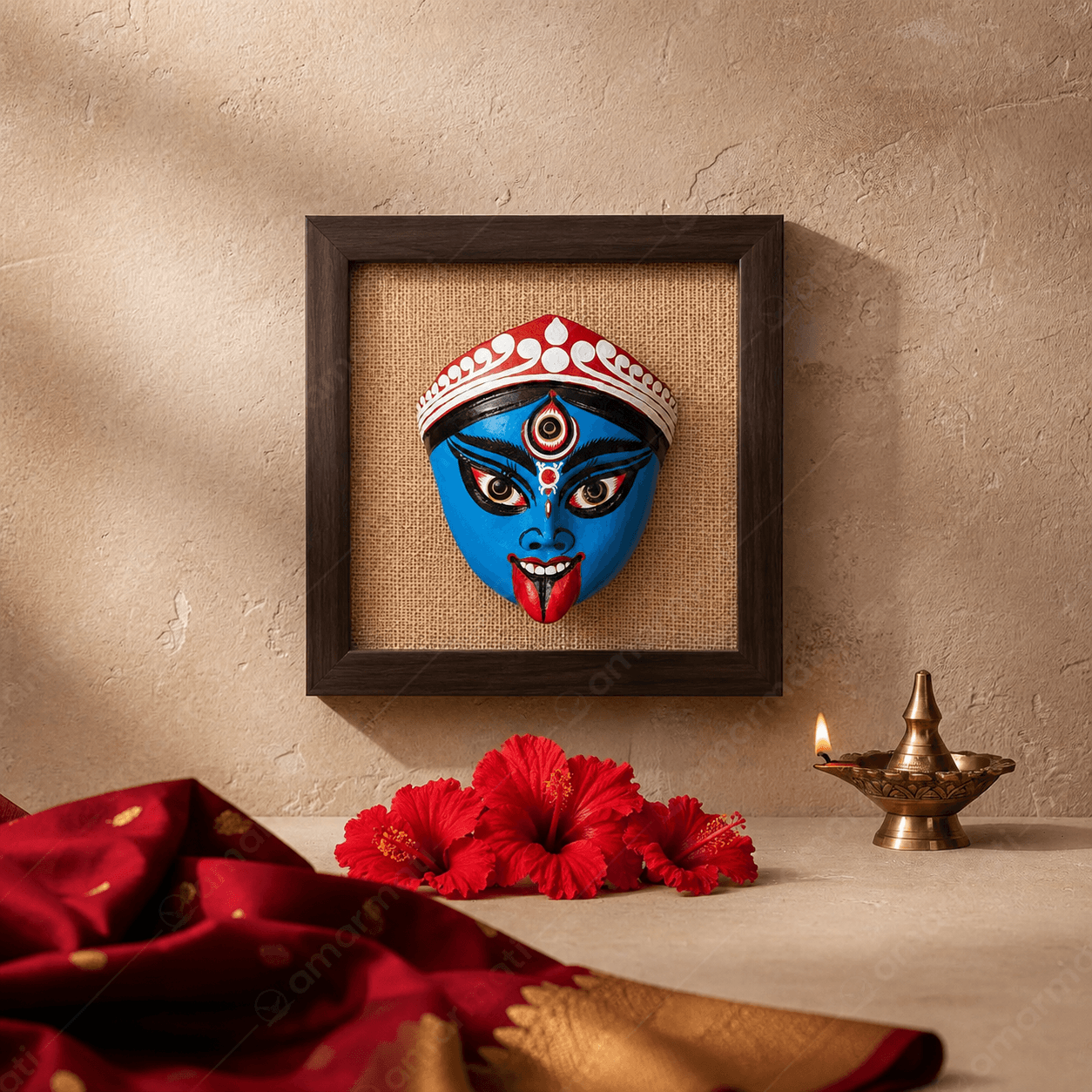 Traditional Bengali Maa Kali Mask Wall Art – 10x10 Inch Jute Frame