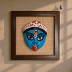 Traditional Bengali Maa Kali Mask Wall Art – 10x10 Inch Jute Frame