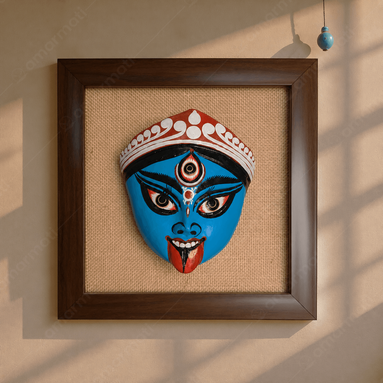 Traditional Bengali Maa Kali Mask Wall Art – 10x10 Inch Jute Frame